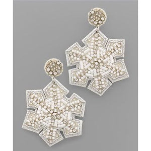 Beaded Snowflake Earrings - Silver/White