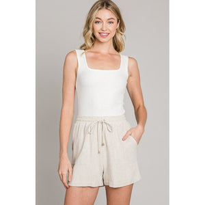 Juliette Soft Linen Elastic Waist Tie Shorts - Natural