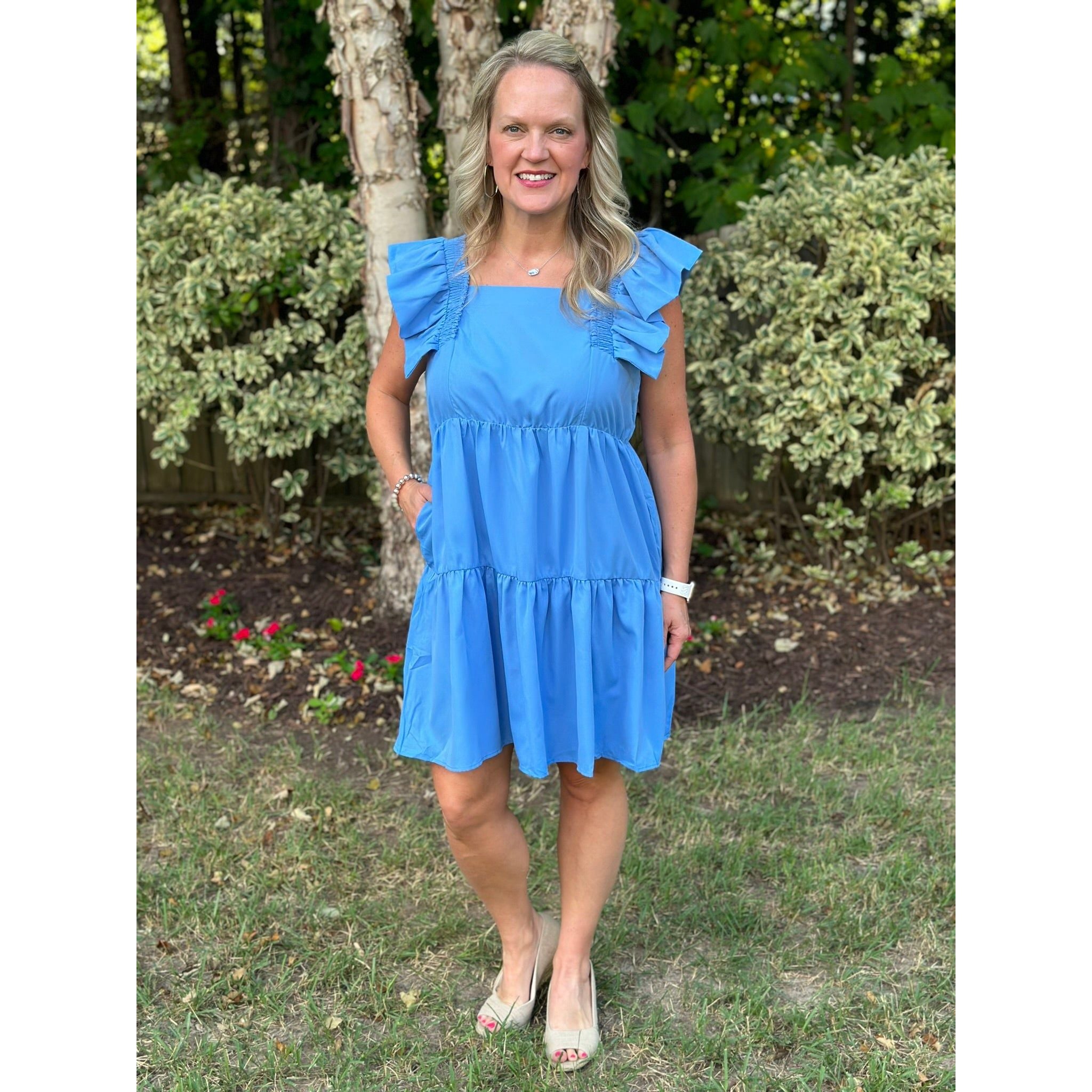 Carolina Solid Ruffle Sleeve Tiered Dress - Chambray – Bless Your Heart  Boutique