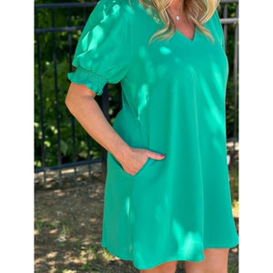 Denise Solid Side Pockets Dress - Emerald