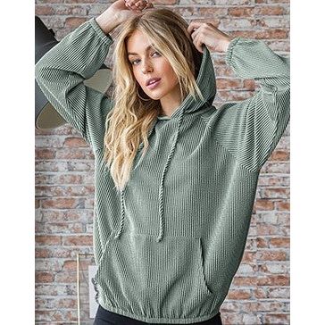 Valeigh Solid Urban Ribbed Hoodie - Olive Vintage