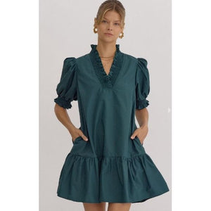 Nola Solid V-Neck Puff Sleeve Mini Dress - Hunter Green