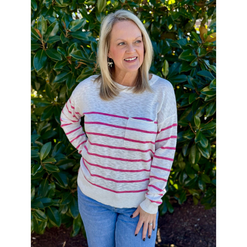 Joni Striped Sweater with Front Pocket - Fuchsia