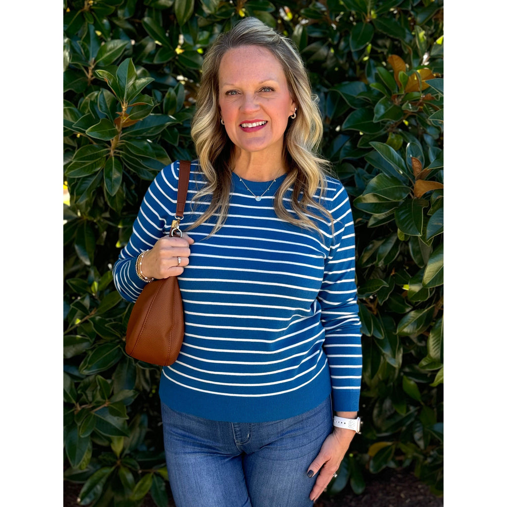 Halle Striped Crew Neck Long Sleeve Sweater - Blue