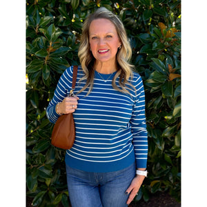 Halle Striped Crew Neck Long Sleeve Sweater - Blue