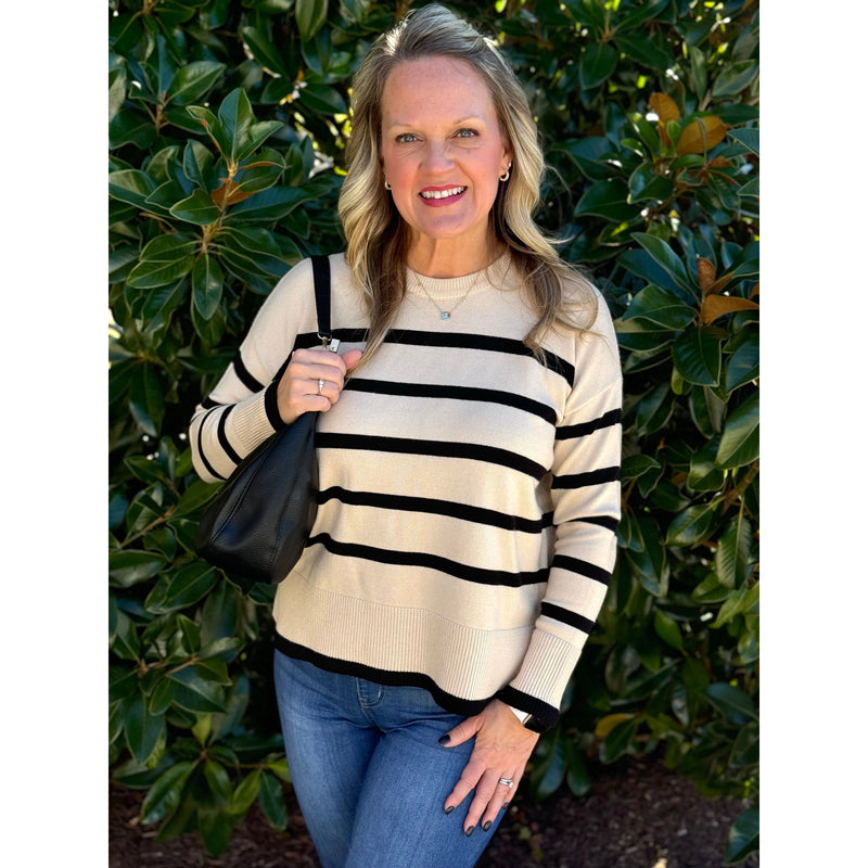 Phoenix Striped Crew Neck Long Sleeve Sweater - Almond/Black