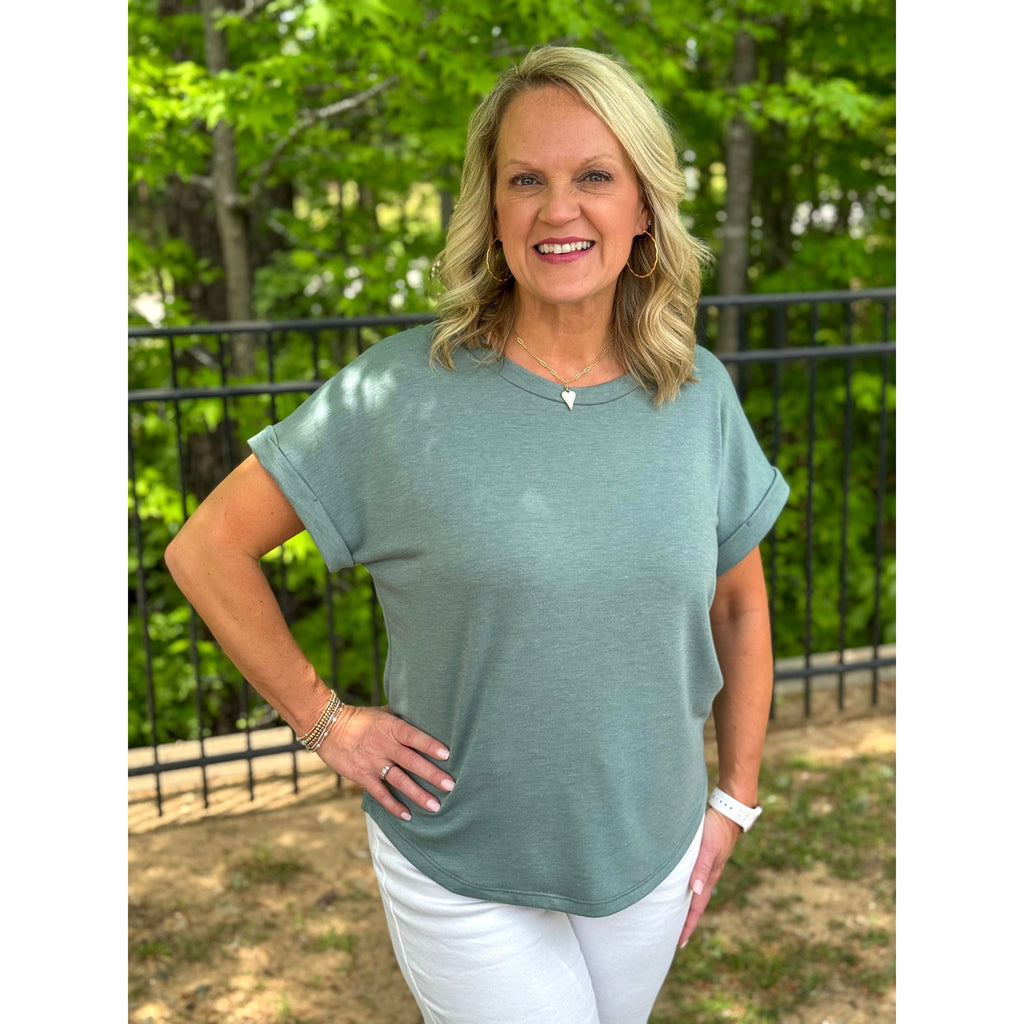 Terry Round Neck Short Sleeve Top - Dark Sage