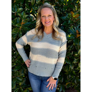 Adeline V-Neck Bold Striped Long Sleeve Pullover Sweater - Dusty Blue