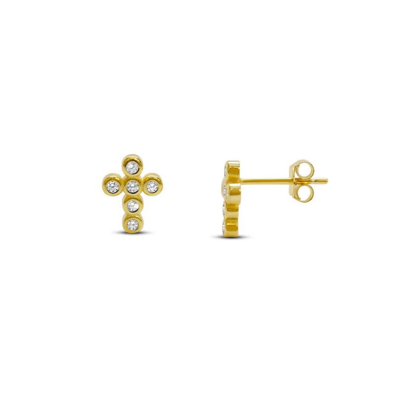 Stia Jewelry - CZ Bezel Cross Stud Earrings - Gold