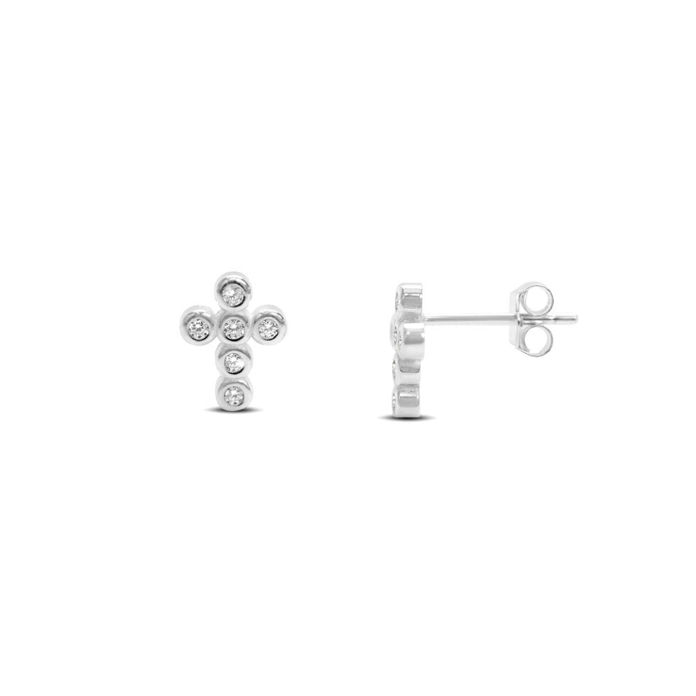 Stia Jewelry - CZ Bezel Cross Stud Earrings - Silver