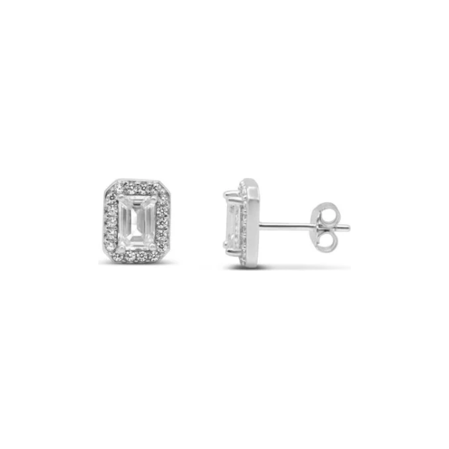 Stia Jewelry - Baguette Halo Stud Earring - Silver