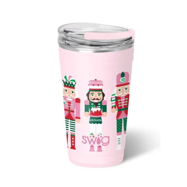 Pink tumbler with nutcracker design and 'Swig' branding on a white background