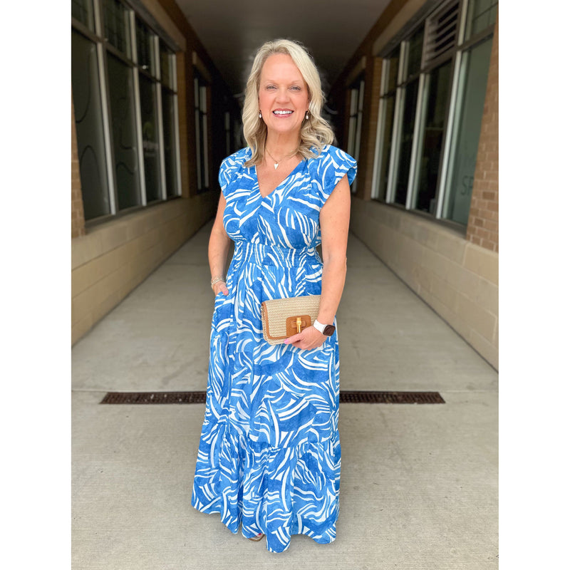 Canton Tropics Smocked Maxi Dress - White/Blue/Multi
