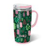 Swig mug with Christmas pattern and pink handle on a white background