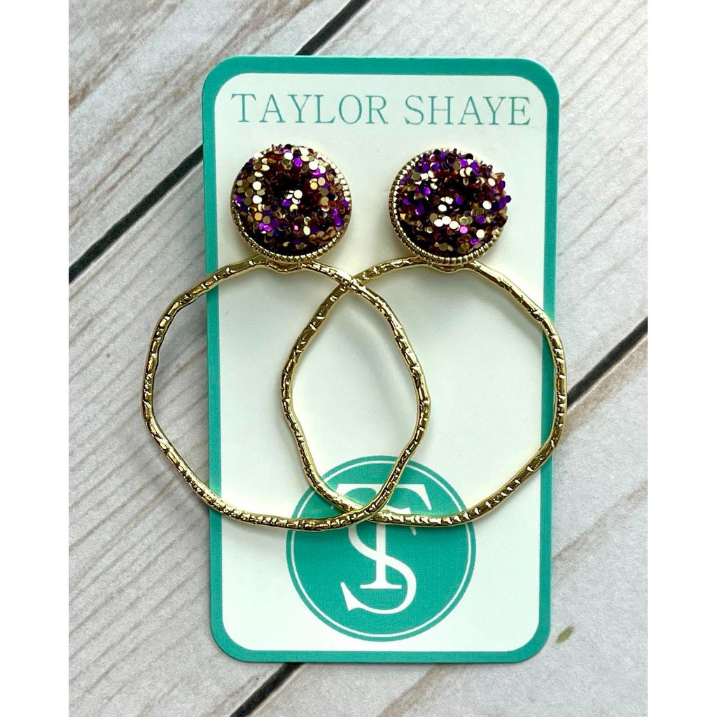 Taylor Shaye Designs - Glitter Top Round Hoops -Purple/Gold