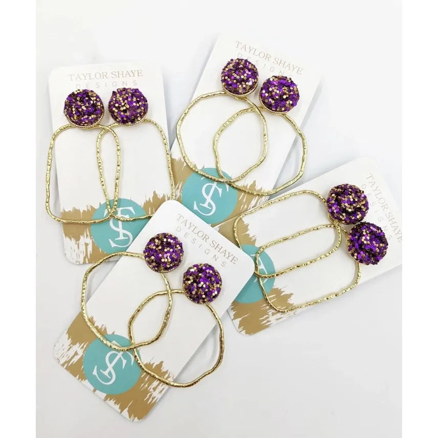 Taylor Shaye Designs - Glitter Top Round Hoops -Purple/Gold