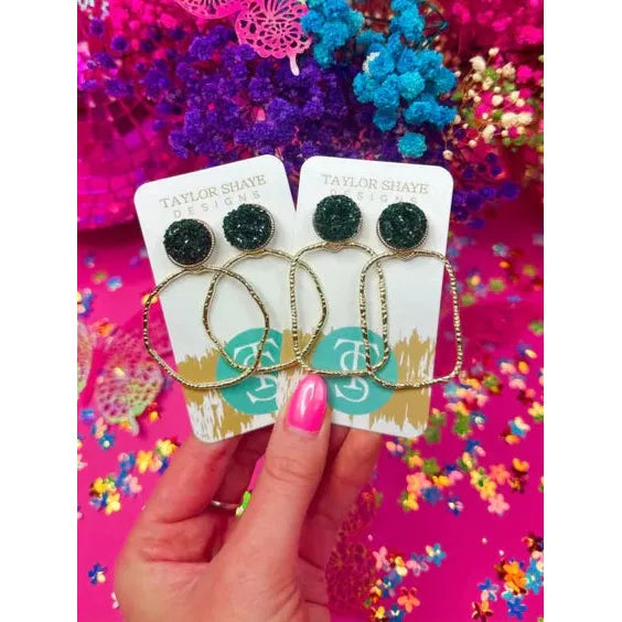 Taylor Shaye Designs - Glitter Top Rectangle Hoops - Emerald