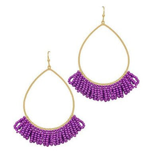 Teardrop Wire w/ Seed Beads Tassel Earrings - Purple