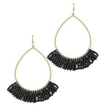 Teardrop Wire w/ Seed Beads Tassel Earrings - Black