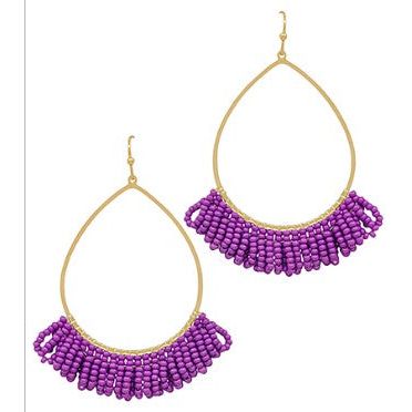 Teardrop Wire w/ Seed Beads Tassel Earrings - Purple