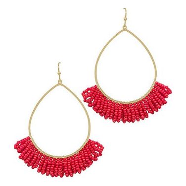 Teardrop Wire w/ Seed Beads Tassel Earrings - Red
