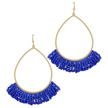 Teardrop Wire w/ Seed Beads Tassel Earrings - Royal Blue