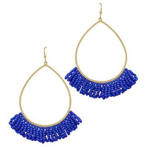 Teardrop Wire w/ Seed Beads Tassel Earrings - Royal Blue