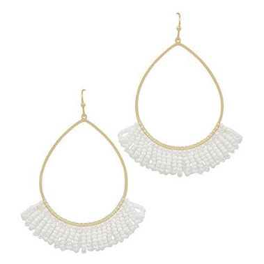 Teardrop Wire w/ Seed Beads Tassel Earrings - White