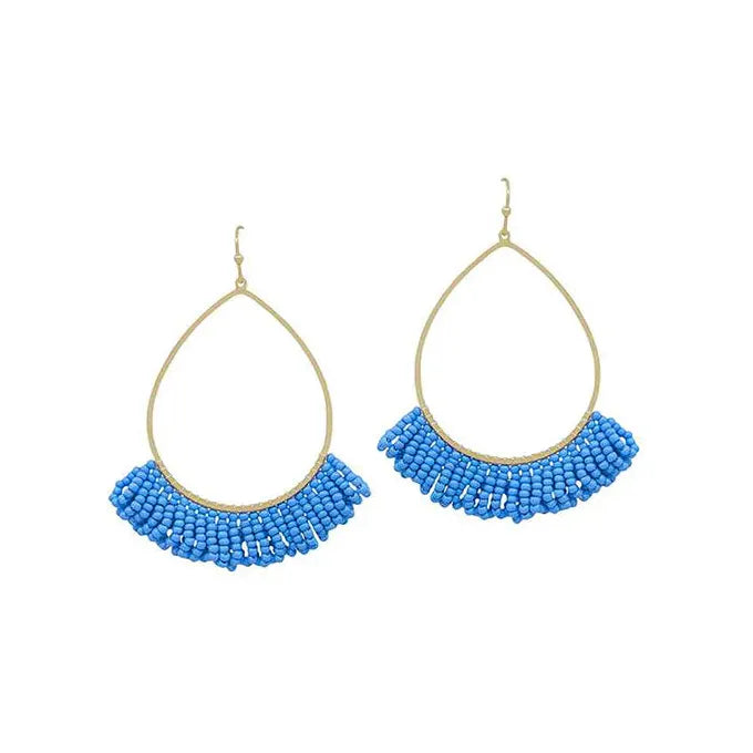 Teardrop Wire w/ Seed Beads Tassel Earrings - Light Blue