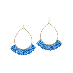 Teardrop Wire w/ Seed Beads Tassel Earrings - Light Blue
