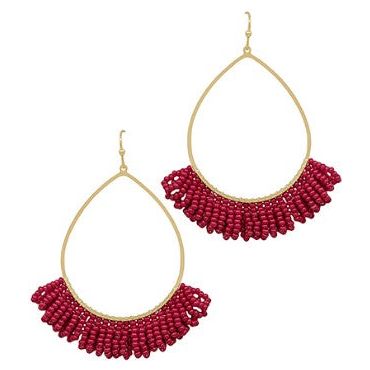 Teardrop Wire w/ Seed Beads Tassel Earrings - Wine