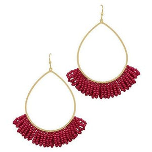 Teardrop Wire w/ Seed Beads Tassel Earrings - Wine