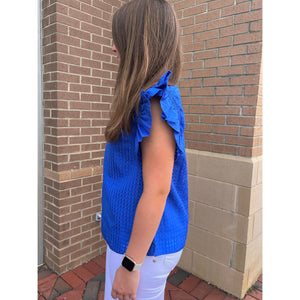 Jodi Textured-Check Ruffled Shoulder Top - Royal Blue