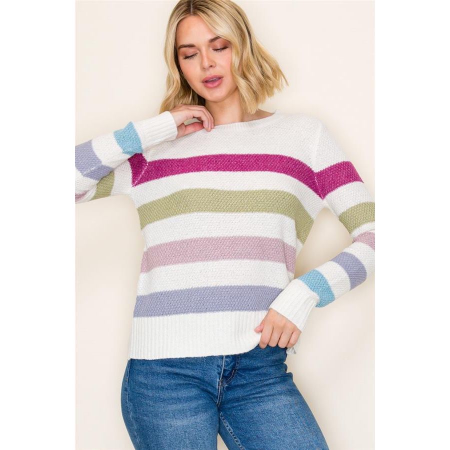 Paisleigh Textured Crew Neck Bold Color Stripe Pullover Sweater - Magenta/Olive