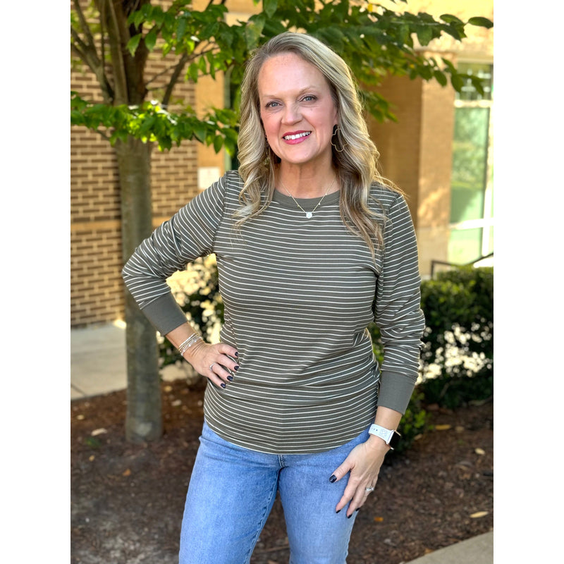 Stacy Top - Dark Olive/White Stripe