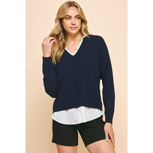 Jessa V-Neck Knit Woven Combo Top - Navy