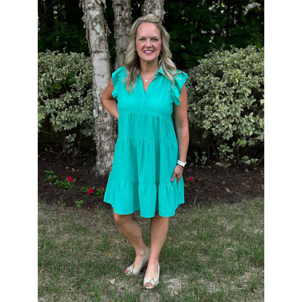 Everly Tiered Flutter Sleeve Dress - Jade Green