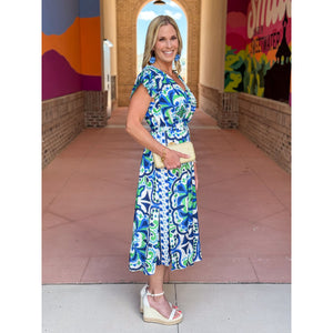 Samantha Tile Printed Midi Dress - Blue Multi