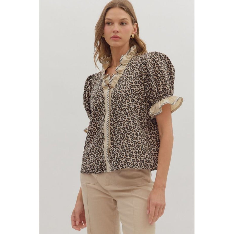 Tonya V-Neck Puff Sleeve Top - Taupe