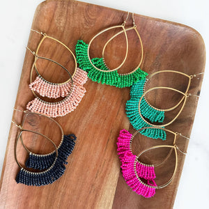 Teardrop Wire w/ Seed Beads Tassel Earrings - Navy