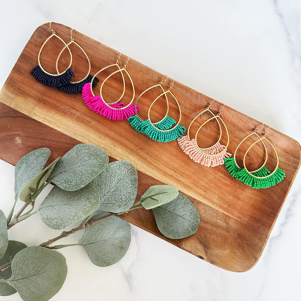 Teardrop Wire w/ Seed Beads Tassel Earrings - Hot Pink