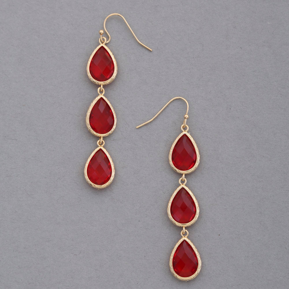 Triple Teardrop Dangle Earrings - Red