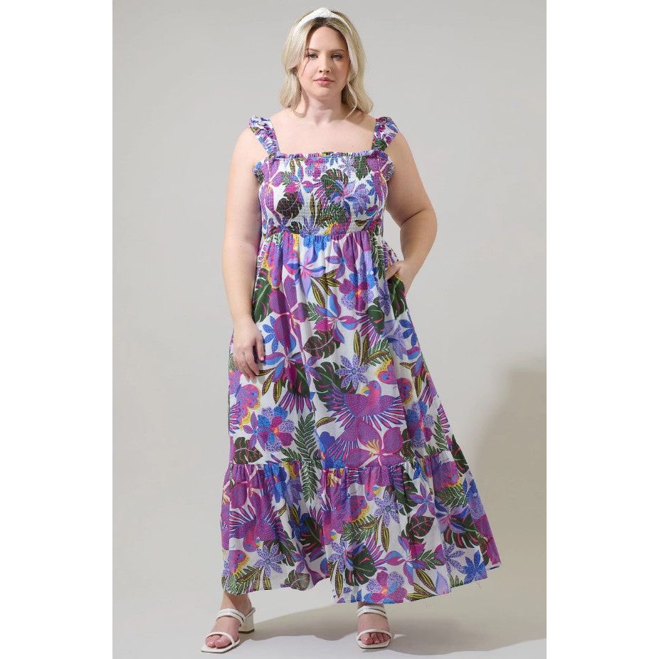 Evren Tropics Plus Smocked Midi Dress - Blue/Pink