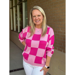 Bobbie Check Print Drop Shoulder Sweater - Pink/Fuchsia