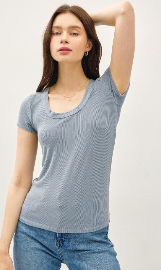 Emilia Ultra Soft Basic Scoop Neck Tee - Dusty Blue