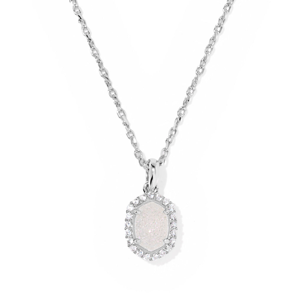 KENDRA SCOTT DAPHNE CRYSTAL FRAME SHORT PENDANT NECKLACE SILVER IRIDESCENT DRUSY