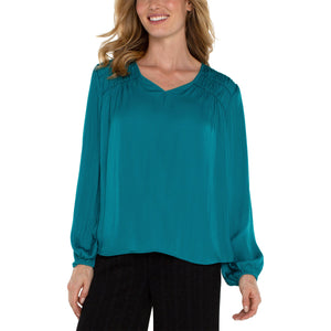 Liverpool Long Sleeve V Neck Woven Blouse - Malachite