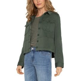 Liverpool Los Angeles Peplum Hem Trucker Jacket - Martini Olive