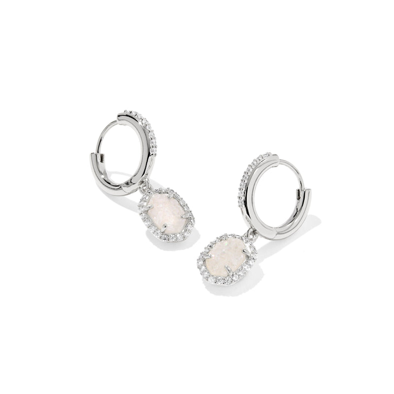 KENDRA SCOTT DAPHNE CRYSTAL FRAME HUGGIE EARRINGS SILVER IRIDESCENT DRUSY