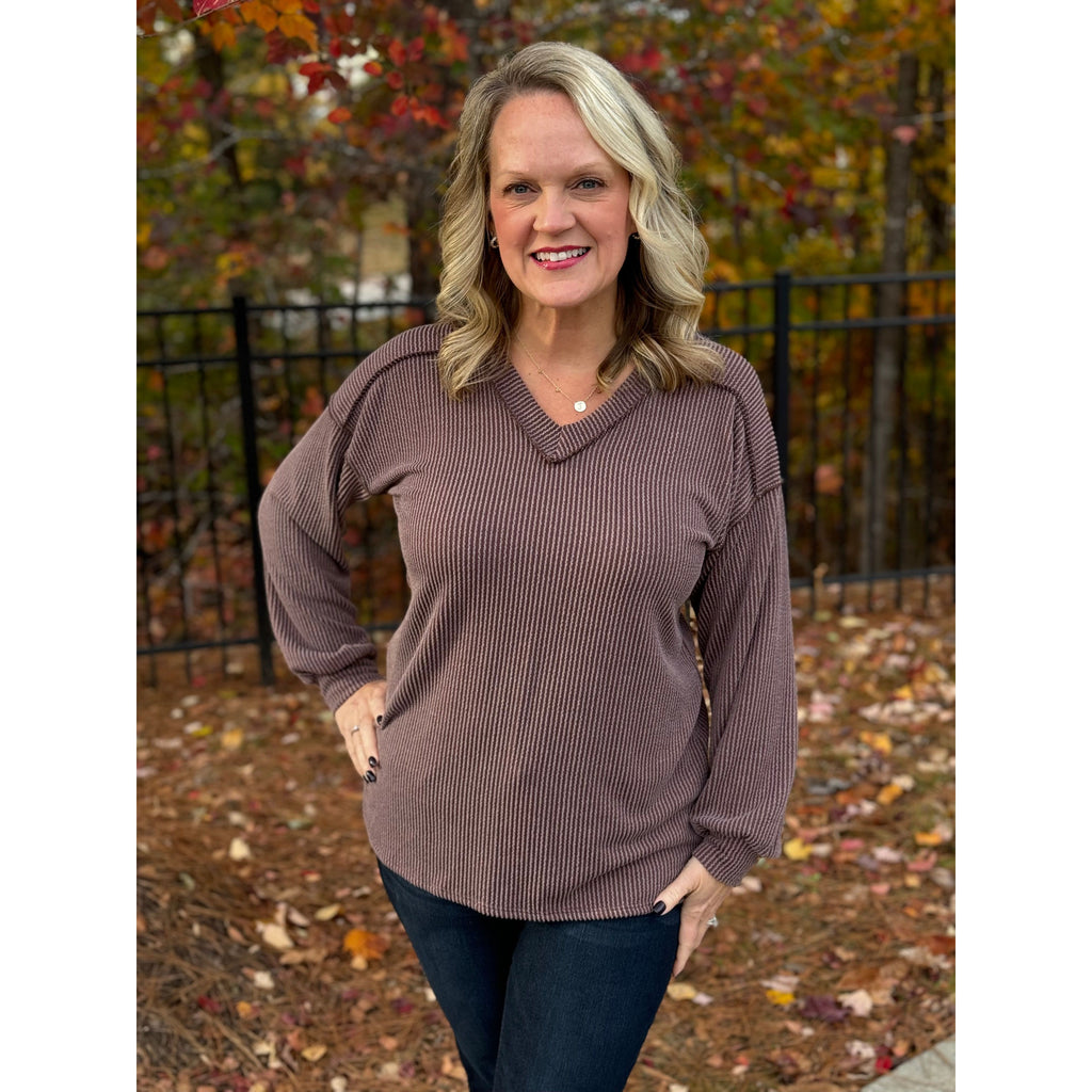 Remi V-Neck Long Puff Sleeve Urban Ribbed Top - Brown